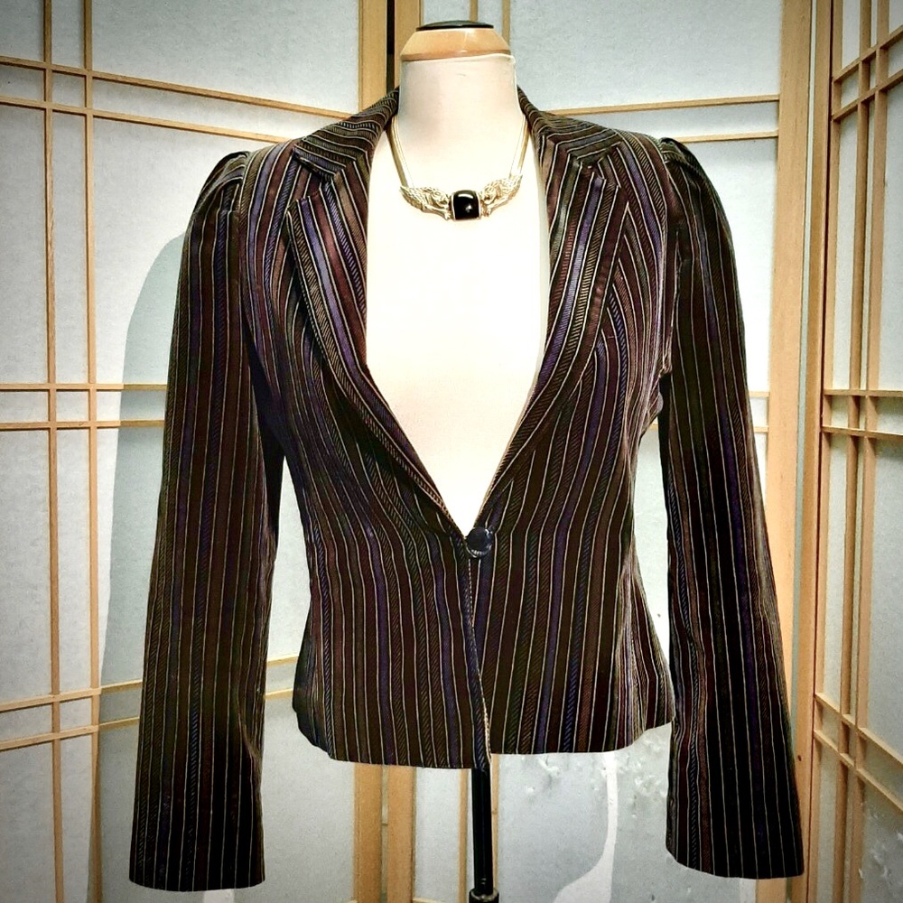 Vintage velvet striped puff-sleeve blazer